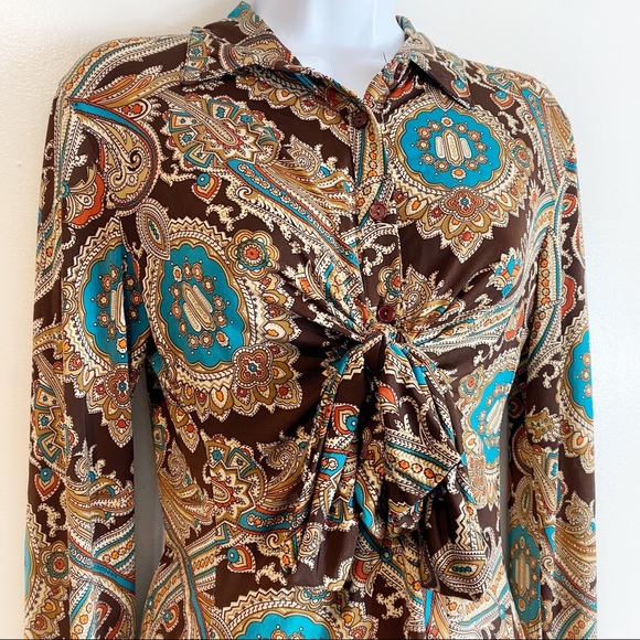 Ariella Boho Paisley Tie Front Button Down Blouse - Picture 2 of 11